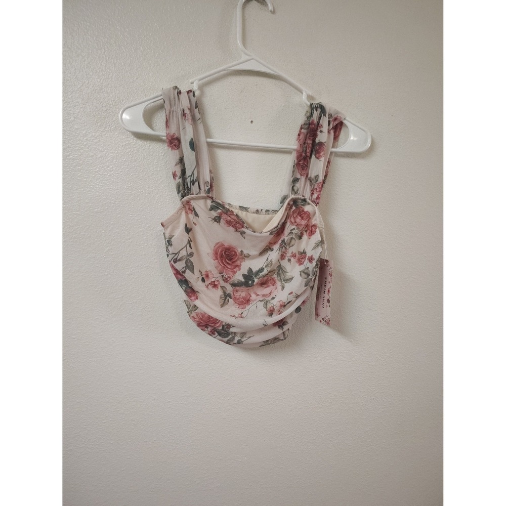 SHEIN MOD Womens Floral Mesh Crop Top Pink Rose Print Ruched Square Neck Small
